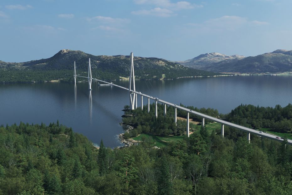 Landskap med vann og bro som krysser sundet